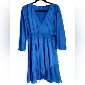 ZARA Blue Pleated Mini Dress XS Flowy V-Neck Long Sleeve Elastic Waist